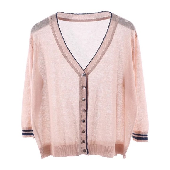 Thin Cardigan sweater pink button v-neck sporty style transparent sheer - Picture 5 of 5